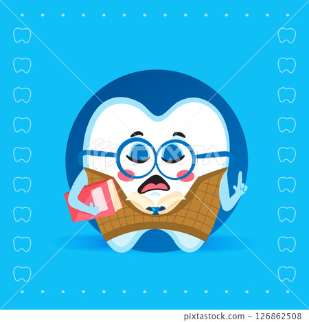 Smart Tooth Character with Glasses and Books on Blue Background 126862508