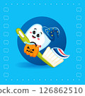Cute Tooth Witch Flying on Toothbrush with Halloween Candy Basket 126862510