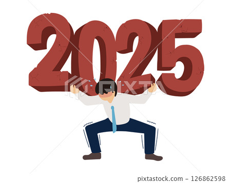 A young man supporting the crumbling red 3D letters of 2025 126862598