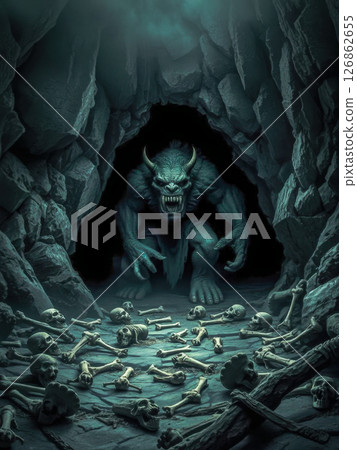 The cave of the evil cannibal troll. A big, evil troll in a dark cave littered with human bones. The cave of the evil cannibal troll. A big, evil troll in a dark cave littered with human bones. 126862655