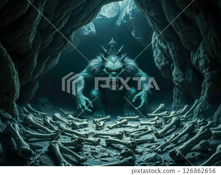 The cave of the evil cannibal troll. A big, evil troll in a dark cave littered with human bones. The cave of the evil cannibal troll. A big, evil troll in a dark cave littered with human bones. 126862656