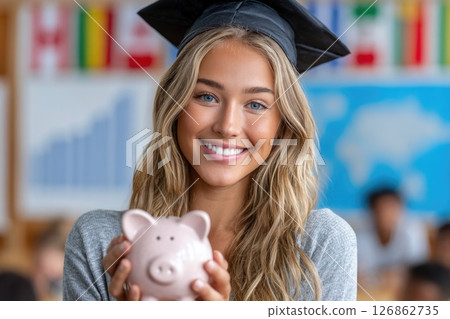 Female Graduate Holding Piggy Bank 126862735