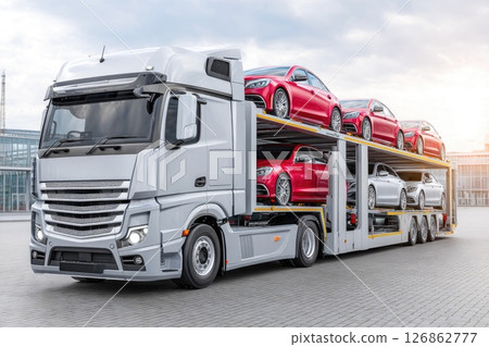 Car carrier truck with multiple red and silver cars Car carrier truck with multiple red and silver cars 126862777