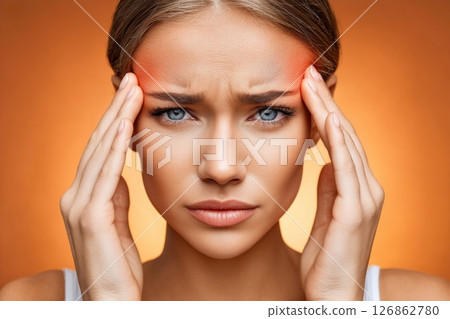 Woman with headache holding temples (orange background) 126862780