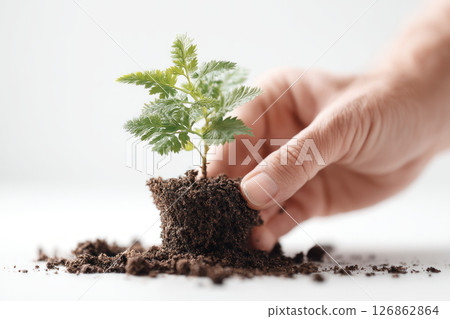 Close-up of a hand holding a small leafy seedling with soil, symbolizing growth, gardening, and environmental care on white background. Close-up of a hand holding a small leafy seedling with soil, symbolizing growth, gardening, and environmental care on white background. 126862864