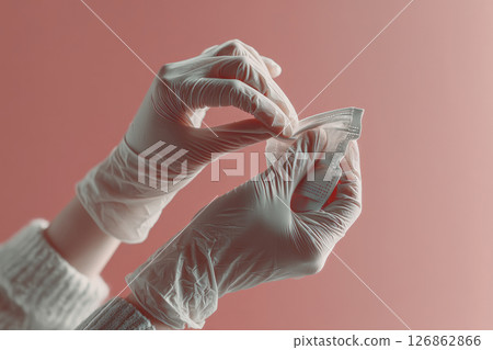 Close-up of hands wearing disposable gloves carefully holding a surgical face mask against a soft pink background, symbolizing hygiene and safety. 126862866