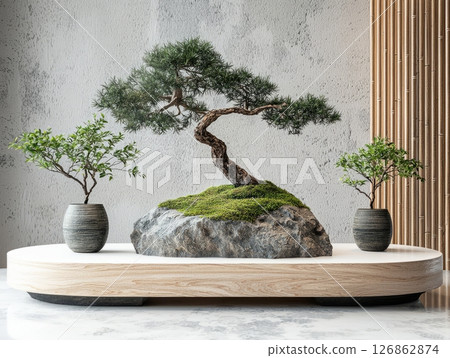 Elegant bonsai tree on wooden stand 126862874