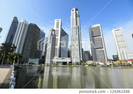 Panoramic view of the skyscrapers in the Financial District of Boat Quay along the Singapore River. Panoramic view of the skyscrapers in the Financial District of Boat Quay along the Singapore River. 126862886