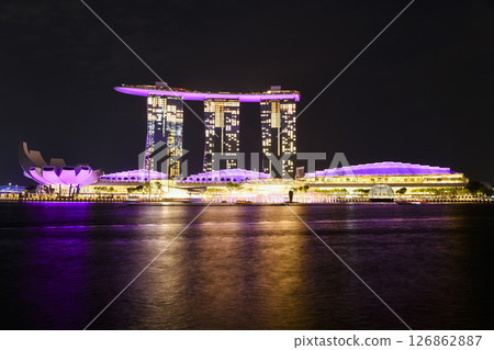 Building view of the Marina Bay Sands, is an integrated resort fronting Marina Bay in Singapore, including a hotel, exhibition centre, Shopping mall, museum, casino, etc. 126862887
