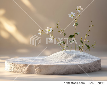 Minimalist white flowers on textured podium Minimalist white flowers on textured podium 126862898