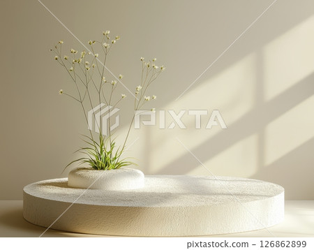 Minimalist white flowers on textured podium 126862899