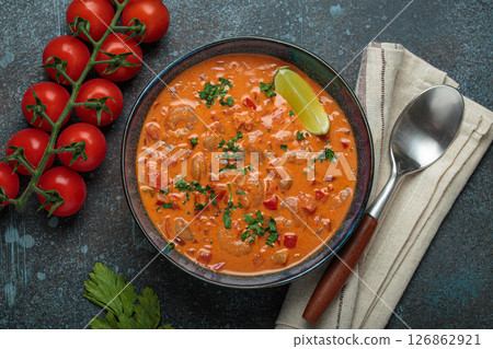 Brazilian traditional dish moqueca de camarao with shrimps, tomatoes, peppers, and lime in a bowl top view 126862921