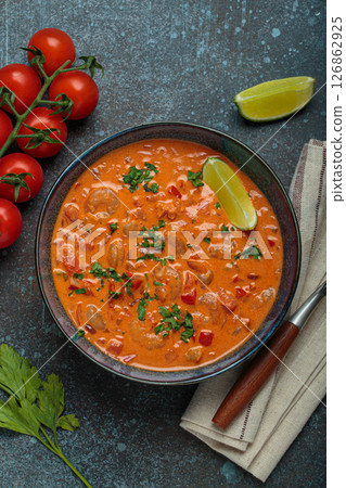Brazilian traditional dish moqueca de camarao with shrimps, tomatoes, peppers, and lime in a bowl top view Brazilian traditional dish moqueca de camarao with shrimps, tomatoes, peppers, and lime in a bowl top view 126862925