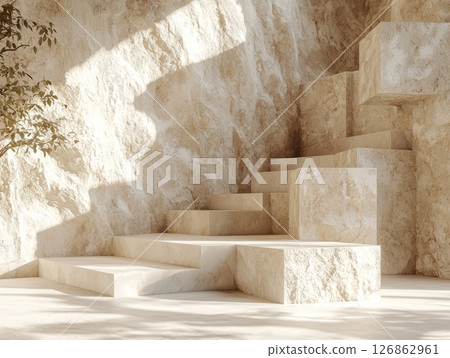 Stone textured podium in beige sunlit interior 126862961