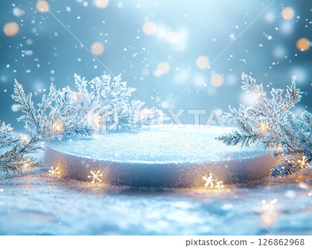 Winter podium with snowflakes and dreamy clouds 126862968