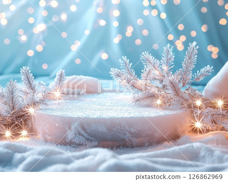 Winter podium with snowflakes and dreamy clouds 126862969