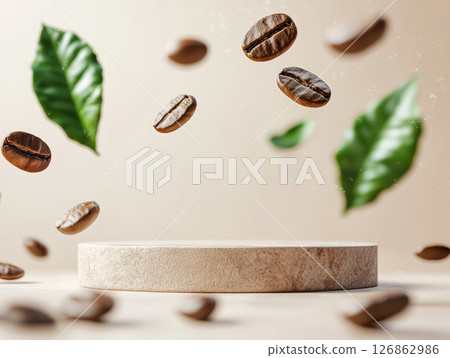 Coffee beans and green leaves on podium 126862986