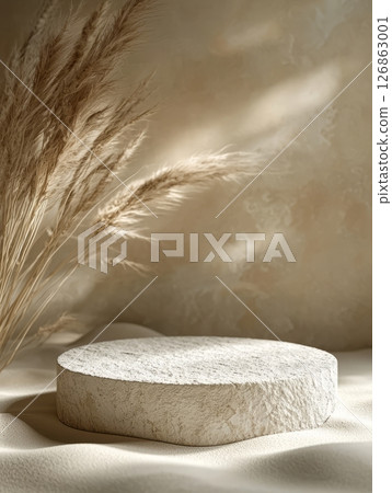 Stone podium in warm sandy interior 126863001