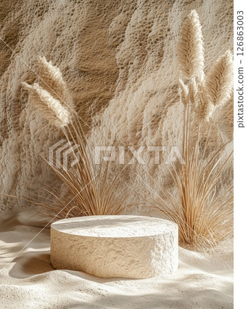 Stone podium in warm sandy interior Stone podium in warm sandy interior 126863003