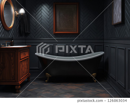 Minimalist black bathtub with herringbone tile wall 126863034