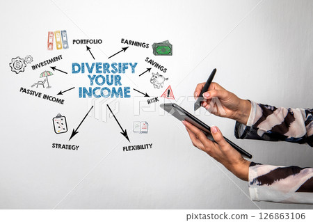Diversify Your Income Concept with Icons and Hand Drawing Strategy on White Background Diversify Your Income Concept with Icons and Hand Drawing Strategy on White Background 126863106