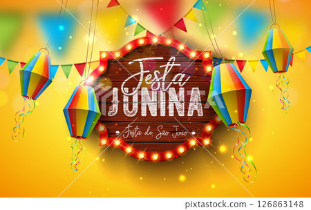 Festa Junina Banner Illustration with Party Flags, Confetti and Typography Lettering on Light Bulb Billboard on Yellow Background. Vector Brazil Sao Joao June Festival Design for Greeting Card, Banner 126863148