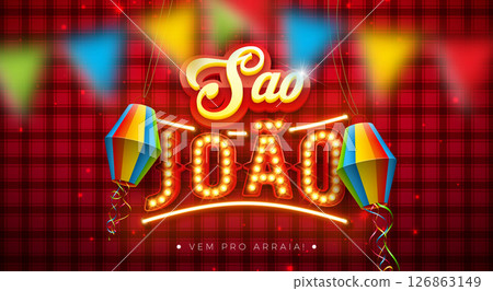 Festa Junina Banner Illustration with Party Flags, Paper Lantern and Sao Joao Light Bulb Billboard Letter on Red Checkered Background. Vector Brazil June Festival Design Template for Post Card Festa Junina Banner Illustration with Party Flags, Paper Lantern and Sao Joao Light Bulb Billboard Letter on Red Checkered Background. Vector Brazil June Festival Design Template for Post Card 126863149