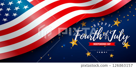 4th of July Independence Day of the USA Vector Illustration with American Flag, Gold Star and Falling Confetti on Blue Background. Fourth of July National Celebration Design with Typography Letter for 4th of July Independence Day of the USA Vector Illustration with American Flag, Gold Star and Falling Confetti on Blue Background. Fourth of July National Celebration Design with Typography Letter for 126863157