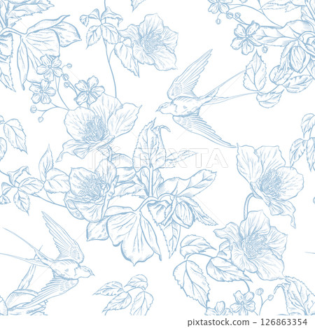 Graphic seamless pattern with flowers. 126863354