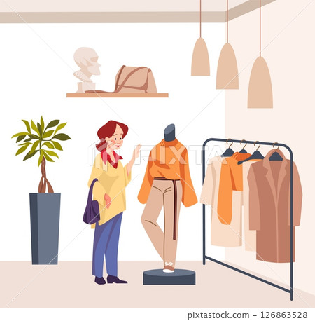 Market sale. Woman choosing clothing in fashion shop. Boutique customer. Shopaholic female buying jacket in store. Mannequin and clothes on hangers. Apparel retail. Vector shopping concept Market sale. Woman choosing clothing in fashion shop. Boutique customer. Shopaholic female buying jacket in store. Mannequin and clothes on hangers. Apparel retail. Vector shopping concept 126863528