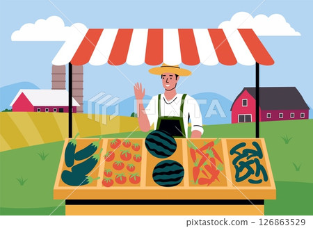 Cartoon countryside market. Farmer sells fruits and vegetables. Fair booth. Man at kiosk counter. Local marketplace stand. Agriculture harvest retail. Rural farming bazaar. Vector concept Cartoon countryside market. Farmer sells fruits and vegetables. Fair booth. Man at kiosk counter. Local marketplace stand. Agriculture harvest retail. Rural farming bazaar. Vector concept 126863529