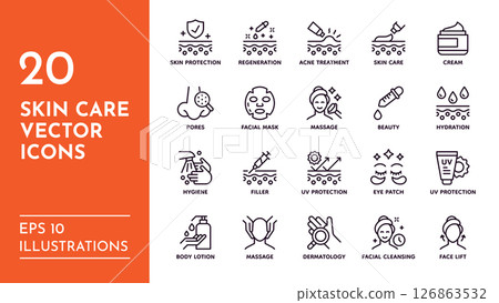 Skin icons. Facial beauty cosmetic. Face care or acne treatment pack. Woman nutrition or medical recovery. Moisturizing cream. UV sunscreen. Lifting procedure. Vector line symbols set 126863532