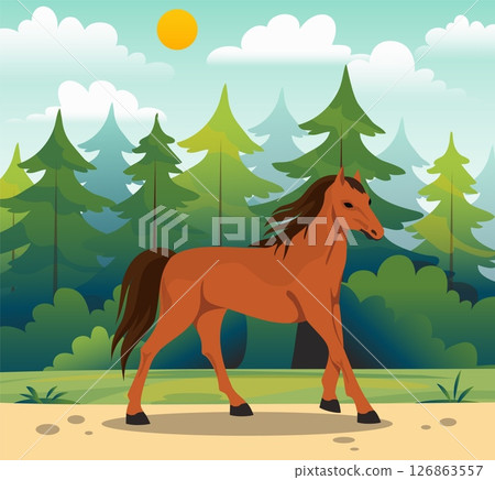 Horse at meadow. Purebred stallion. Animal grazing. Equine horsemanship. Wild mustang. Domestic mammal. Pony gallop. Forest trees scenery. Mare equitation. Vector countryside landscape 126863557