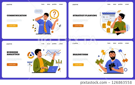 Business concept. Strategy planning, communication, analytics and team brainstorm. Minimalist design web banner. Employee or manager. Male character. Vector cartoon flat illustration 126863558