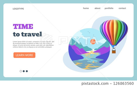 Hot air balloon. Travel time landing page. Adventure journey. Nature landscape. Website template. Aerial transportation. Sky vehicle. Ballooning flight. Summer tourism. Vector background 126863560