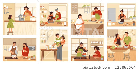 Family at kitchen. Food table, kid man and woman cook home. People child eat dinner in old house interior. Romantic couple and parents with kids together. Vector cartoon illustration 126863564