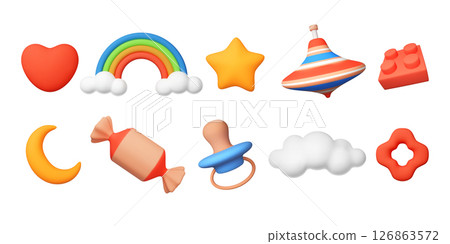 3D kid figures. Baby toys. Love heart. Sky cloud and crescent with stars. Candy shapes and rainbow. Toddler pacifier. Geometric child game render objects. Vector plastic stickers set 126863572