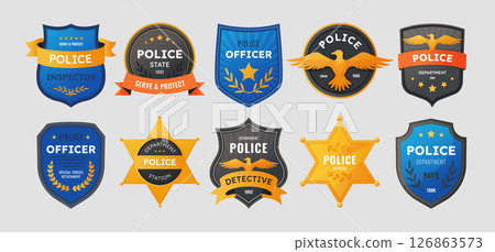 Shield badge. Law department patch. Sheriff star or crest emblem. Government officer uniform seal. Police officer insignia. Security patrol logo. Detective agent. Vector symbols set 126863573