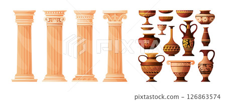 Roman column. Ancient Greek vase. Greece Athens museum amphora with vessel. Acropolis ruin colonnade. Marble pillar. Antique jar pottery. Vector cartoon architectural antiquities set 126863574