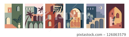 Morocco architecture. Abstract Moroccan landscape, tropical boho or minimalist geometric arch, modern buildings, style frames with desert. Minimalistic isolated background. Vector print Morocco architecture. Abstract Moroccan landscape, tropical boho or minimalist geometric arch, modern buildings, style frames with desert. Minimalistic isolated background. Vector print 126863579