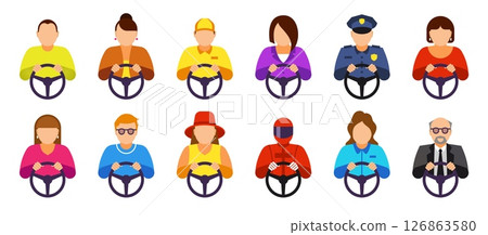 Bus drive. People at transport steering wheels. Person in car. Track front or man chauffeur. Man and woman drivers faces. Police automobile traffic. Vehicle operator characters vector set Bus drive. People at transport steering wheels. Person in car. Track front or man chauffeur. Man and woman drivers faces. Police automobile traffic. Vehicle operator characters vector set 126863580