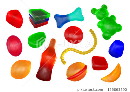Gummy candy. 3d jelly sweets, cola bottle or fruit soft bubble gum. Cute lollipop sticker, children sugar animals. Gelatin dessert. Marmalade bears. Vector confectionery isolated set Gummy candy. 3d jelly sweets, cola bottle or fruit soft bubble gum. Cute lollipop sticker, children sugar animals. Gelatin dessert. Marmalade bears. Vector confectionery isolated set 126863590