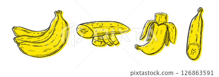 Line banana. Whole fruit and peel draw, black vintage slice for juice packaging design, sketch or engraving print. Doodle outline art. Tropical organic food. Yellow product. Vector line icons Line banana. Whole fruit and peel draw, black vintage slice for juice packaging design, sketch or engraving print. Doodle outline art. Tropical organic food. Yellow product. Vector line icons 126863591