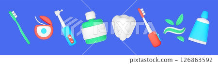 3d toothpaste. Toothbrush, dental tooth. Brush, paste for oral teeth hygiene. Dentistry fluoride mouthwash, chewing gum. Render minimal isolated elements, stomatology vector cute icons 126863592