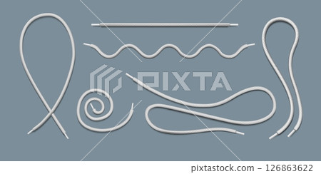 Shoe lace. White shoelace string. 3D sneaker rope or boots round cord. Realistic sport tie. Line shape fashion symbol. Footgear isolated accessory. Vector footwear lacing mockups set 126863622