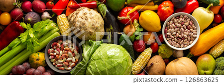 Organic seasonal vegetables from an autumn farm harvest, including fresh, ripe veggies grown naturally and handpicked for quality Organic seasonal vegetables from an autumn farm harvest, including fresh, ripe veggies grown naturally and handpicked for quality 126863625