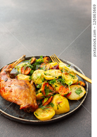 Baked rabbit with potatoes and carrots, a set table with food Baked rabbit with potatoes and carrots, a set table with food 126863669