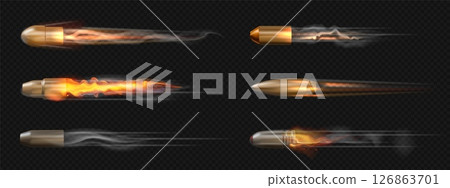 Flying bullet. Gun shot fire. Pistol ammunition trail effect. 3D realistic handgun shoot. Ballistic trajectory flight motion. Gunpowder combustion trace. Vector isolated rifle hits set 126863701