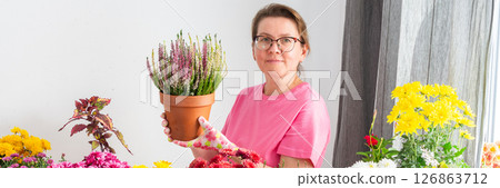 Woman 50 years old transplanting autumn flowers heather and chrysanthemums into pots and holding a pot with a heather and smiling, decorating a home terrace or balcony with flowers, banner Woman 50 years old transplanting autumn flowers heather and chrysanthemums into pots and holding a pot with a heather and smiling, decorating a home terrace or balcony with flowers, banner 126863712