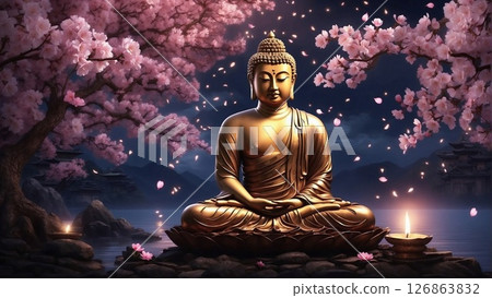 Golden Buddha statue in a serene cherry blossom garden, petals falling, tranquil atmosphere, peaceful zen vibe, spiritual scene 126863832